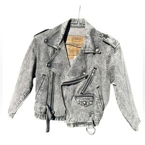 LEVIS Vintage 80s Motorcycle Denim Jean Jacket L Acid Wash Black Moto Zip